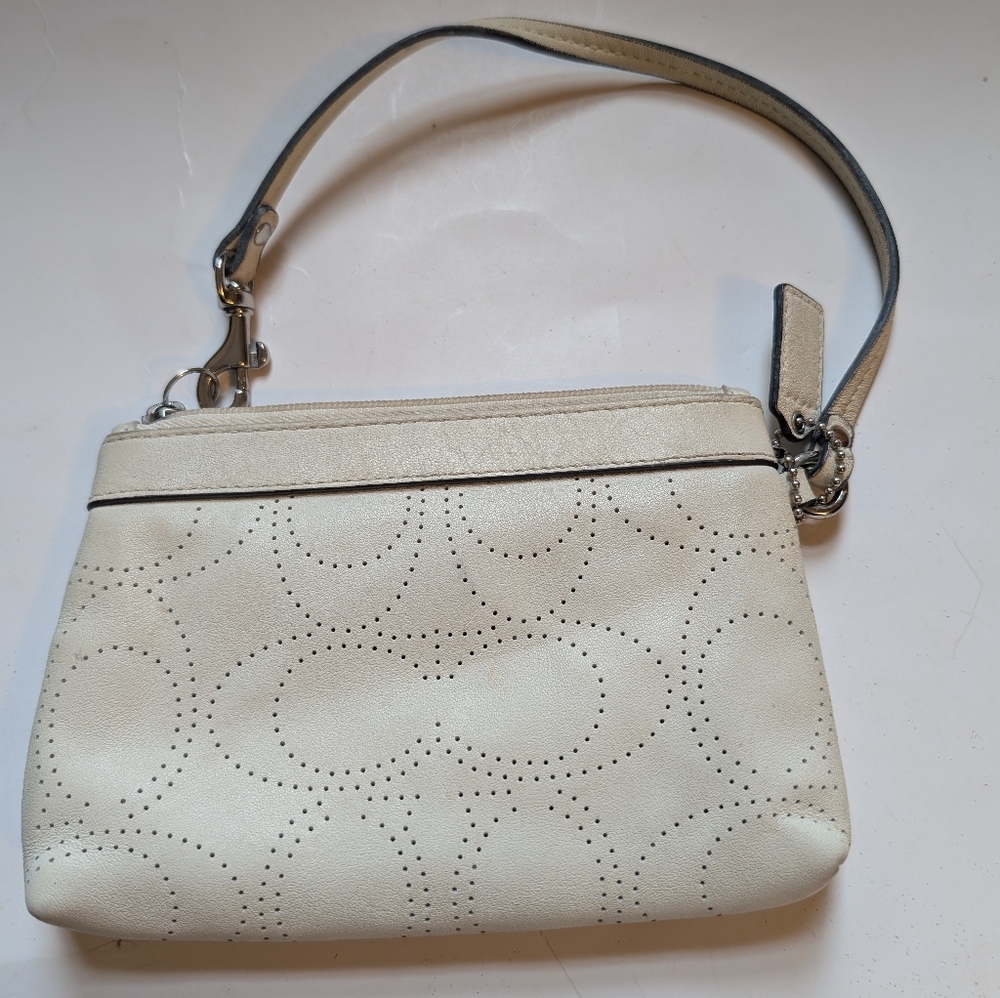 Coach perforated logo leather wristlet in a off-white color in VGUC - Picture 3 of 16